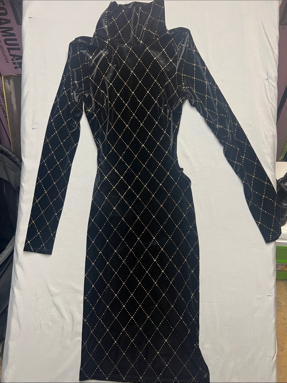monaco Black Velvet Long-Sleeve Midi Dress with Gold Stud Grid